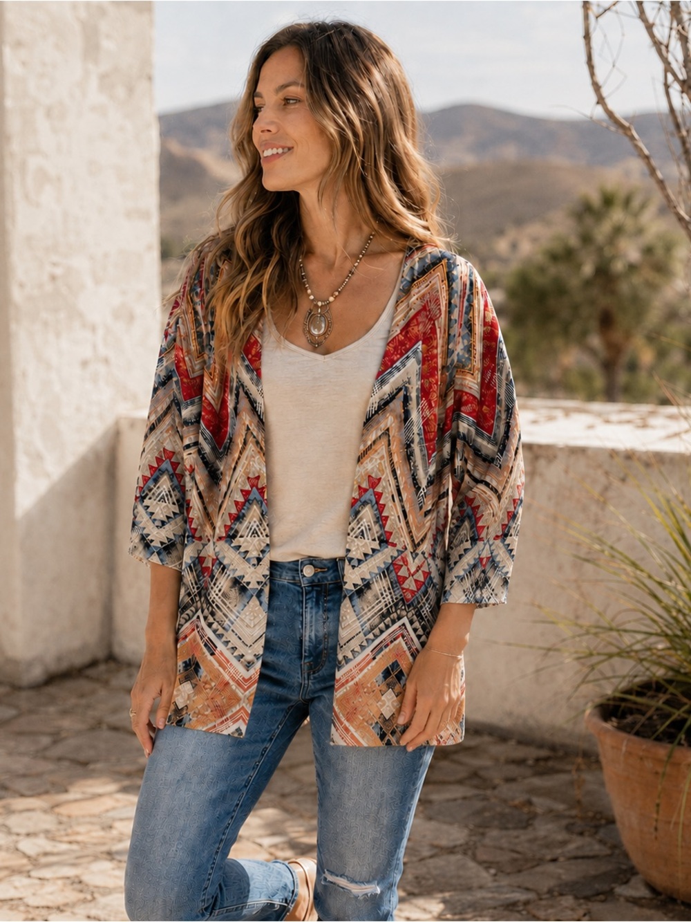 Chico’s Southwestern Geometric Open Front Cardigan Size 2 Large Western Boho